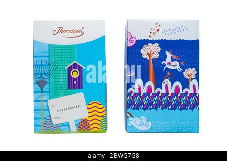Thorntons Happy Easter - Thorntons milk chocolate Unicorn Easter Egg & Thorntons white chocolate Bunny Egg boxes Stock Photo