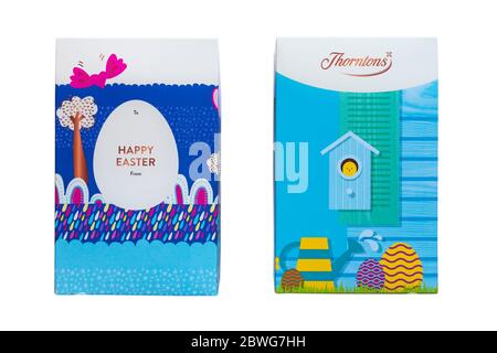 Thorntons Happy Easter - Thorntons milk chocolate Unicorn Easter Egg & Thorntons white chocolate Bunny Egg boxes Stock Photo