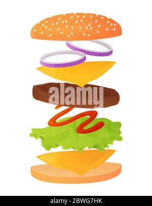 Classic burger ingredients set on layers. contain sesame bun, beaf cutlet or meat, cheese, lettuce, ketchup sauce, onion rings. Fastfood concept Stock Vector