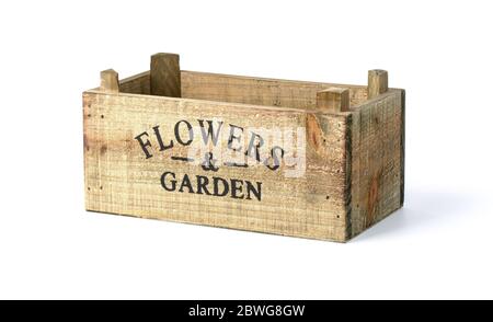 empty Wooden box for flowers isolated on white with clipping path Stock Photo