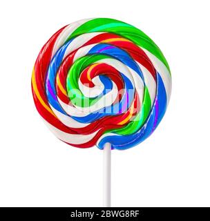 Colorful rainbow lollipop swirl on white stick isolated on white background Stock Photo