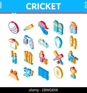 Cricket Game Isometric Elements Icons Set Vector Stock Vector