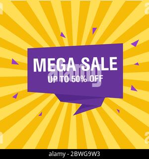 Mega Sale banner, special offer and sale. Shop now or this weekend only. Up to 50 percent off. Discount, mega sale. Vector illustration. Stock Vector