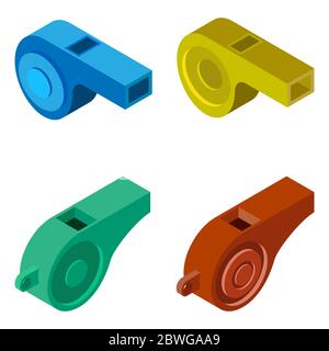 Whistle icon. Set of 4 isometric whistles isolated on a white background. Illustration for web design. Stock Vector