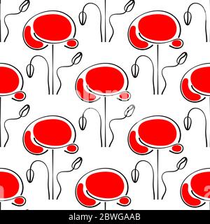 Poppy Flowers. Seamless Pattern Of Elegant Red Poppy Flowers On A White Background. Stock Vector