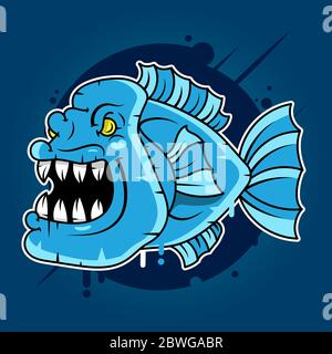 Toothy Great White Shark Fishing Logo. Strong Shark Sports Mascot Emblem. Angry Fish Vector Background. Stock Vector