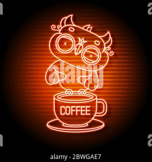 An Owl On A Neon Book Sign. Smart Owl With A Coffee Mug Night Bright Advertising. Vector Illustration In Neon Style For Education And Literacy Stock Vector