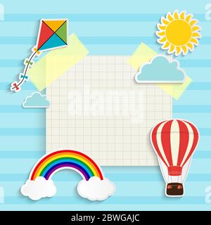Child background with rainbow, sun, cloud, kite and balloon. Place for text. Vector Illustration Stock Vector