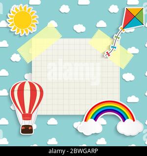 Child background with rainbow, sun, cloud, kite and balloon. Place for text. Vector Illustration Stock Vector