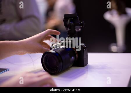 Moscow, Russia - October 04, 2019: new fulframe mirrorles camera sony alpha a7 r III. Stock Photo