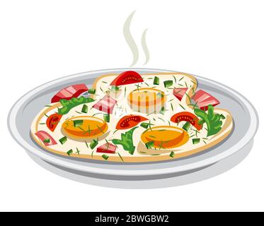 illustration of the scrambled fried eggs with ham and parsley on the plate Stock Vector