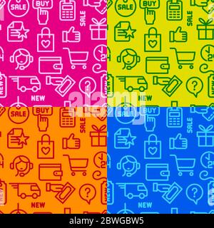 illustration of set e-commerce shop and business colorful seamless patterns Stock Vector