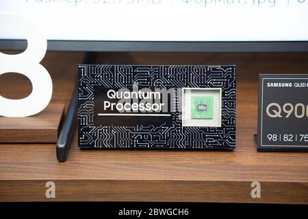 Moscow, Russia - October 04, 2019: Quantium processor Samsung, unique processor with artificial intelligence technology that improves the quality of Stock Photo