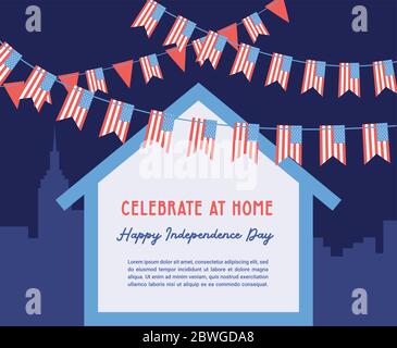 Celebration independence day of america at home . 4th of july celebration. home decorated with usa flags on a city skyline Stock Vector