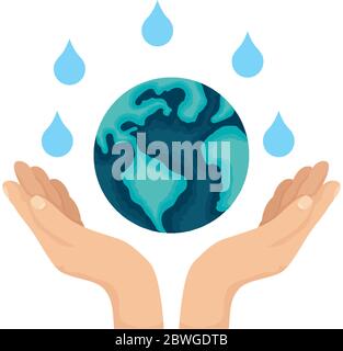 hands lifting earth planet with water drop shape vector illustration ...
