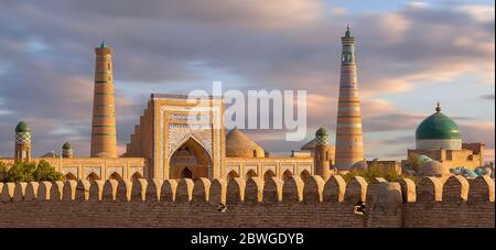 Skyline of the ancient city of Khiva at the sunset, Uzbekistan. Stock Photo