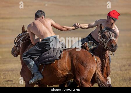 Kyrgyz men doing traditional nomadic horseback wrestling known as ErEnish in Issyk Kul, Kyrgyzstan. Stock Photo