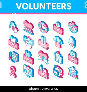 Volunteers Support Vector Isometric Icons Set Stock Vector