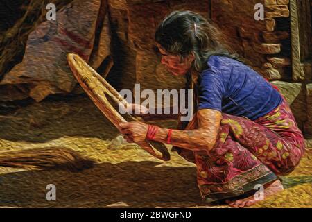 Squatting woman selecting rice in a straw sieve at Kathmandu. The exotic and chaotic capital of Nepal. Stock Photo