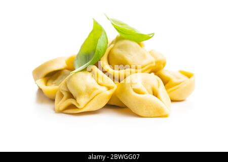 Tortellini pasta. Italian stuffed pasta isolated on white background. Stock Photo