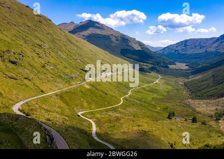 Aerial view of Glen Croe showing new and old military road from Rest and Be Thankful pass in Argyll and Bute, Scotland, Uk Stock Photo