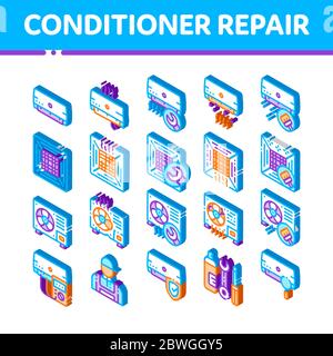 Conditioner Repair Vector Isometric Icons Set Stock Vector