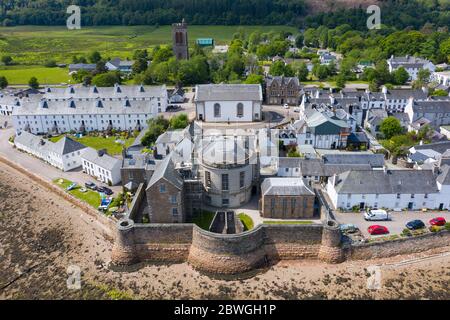 Aerial view of Inveraray Jail museum in Inveraray beside Loch Fyne in Argyll and Bute, Scotland, UK