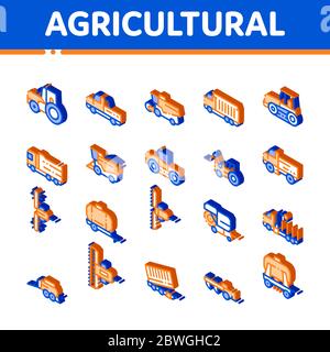 Agricultural Vehicles Vector Isometric Icons Set Stock Vector