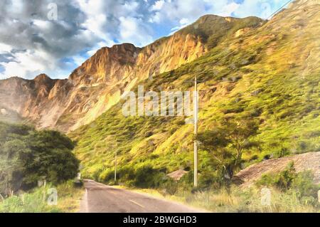 Colorful painting of mountain landscape, Huamuxtitlan, Guerrero, Mexico Stock Photo