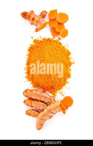 Turmeric roots and turmeric powder on white background,top view Stock Photo