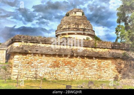 El Caracol, observatory temple colorful painting, Mayan ruined city, 11th century, Chichen Itza, Yucatan, Mexico Stock Photo