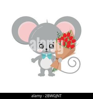 Cute mouse with bouquet of red tulips in paw isolated on white background. Stock Vector