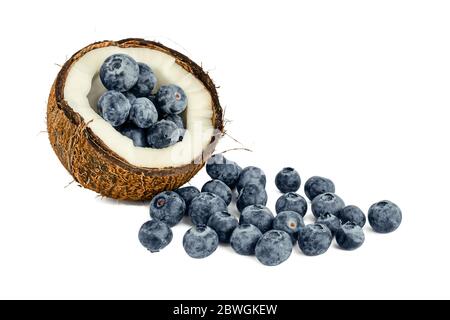Heap of blueberries in a half of coconut isolated on white. Stock Photo