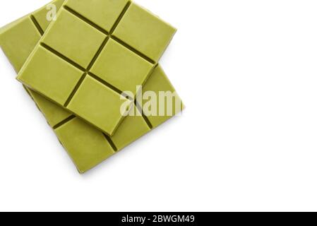 Green matcha chocolate bar isolated on white background, top view Stock Photo