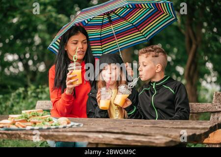 Beautiful mother with two kids are drinking juice at a picnic table in the forest. Happy family having fun together, mother holding umbrella while it Stock Photo