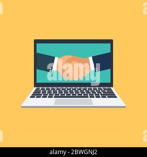 laptop flat vector with handshake icon Stock Vector