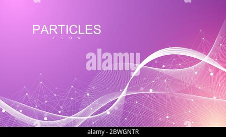 Abstract dynamic motion lines and dots background with colorful particles. Digital streaming background, wave flow. Plexus stream background. Big Data Stock Vector