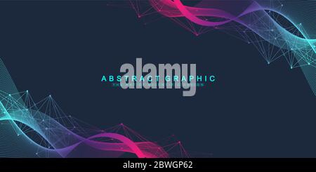 Abstract dynamic motion lines and dots background with colorful particles. Digital streaming background, wave flow. Plexus stream background. Big Data Stock Vector