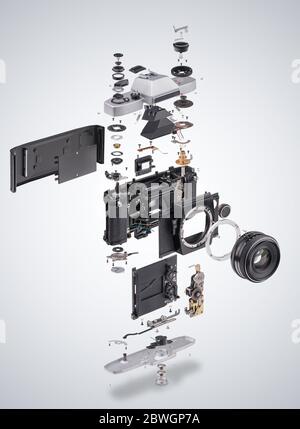 Assembly diagram of retro film SLR photo camera Stock Photo