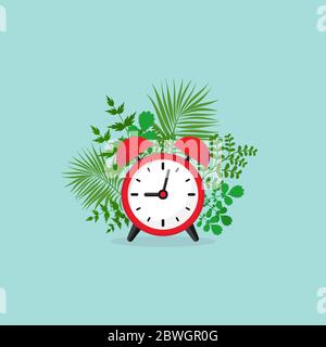 red alarm clock with green branches, leaves and grass. Flat icon isolated on white background. Eco friendly workplace. Vector illustration. Go green c Stock Vector