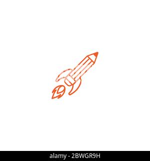 Outline pencil rocket ship with fire. Isolated on white. Flat line icon. Vector illustration with flying pencil. Creativity sign. Creative idea symbol Stock Vector