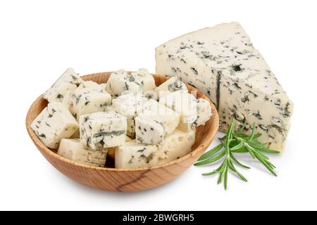 diced Blue cheese in wooden bowl isolated on white background with clipping path and full depth of field. Stock Photo