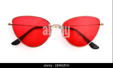 Sunglasses with metal frame, cat's eye shape, red lenses, isolated on white background with clipping path Stock Photo