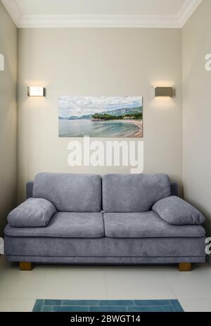 Modern living room interior with sofa and photo scenery on the wall. Photo on the wall made by me. Stock Photo