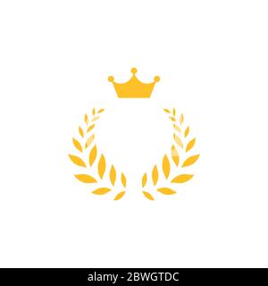 Gold Laurel Wreath with crown Icon. Vector Flat illustrationisolated on white. Winner label made of twigs with green leaves. Victory logo. First place Stock Vector