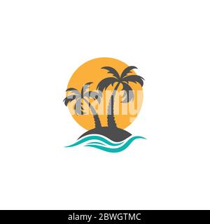 Black palm trees on little island with sun and ocean waves isolated on white. Vector flat illustration. Tourism, journey, tropical vacation icon. Stock Vector
