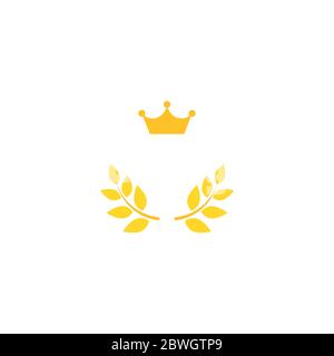 Gold Laurel Wreath with crown Icon. Vector Flat illustrationisolated on white. Winner label made of twigs with green leaves. Victory logo. First place Stock Vector