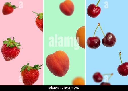 Collage of fresh summer fruits in the form of vertical stripes (strawberry, cherry, apricot) Stock Photo