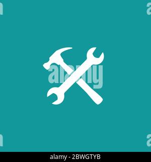 White crossed carpenter hammer and spanner. Handyman, locksmith, joiner claw hammer tool and wrench for repair and maintenance. Flat icon isolated on Stock Vector
