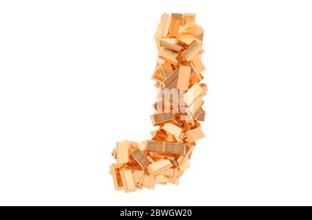 Letter J, from golden ingots. 3D rendering isolated on white background Stock Photo